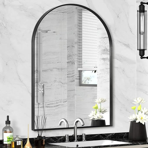24" x 32" Black Arched Mirror, Arch Wall Mirror, Metal Frame Black Bathroom by Minuover