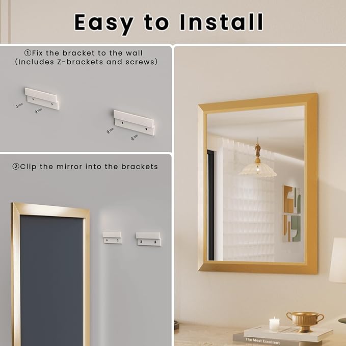 Amorho Bathroom Mirror, 40x36 Inch Golden Thick Metal Framed Wall Mirrors - Image 7