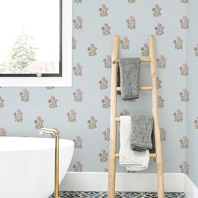17.3" x 196.8" Vintage Blue Floral Wallpaper Peel and Stick Boho Wallpaper - Image 9