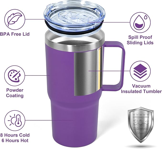 20 oz Tumbler with Handle, insulated cup coffee mug with lid, straw and handle, Double Wall Stainless Steel Vacuum Coffee Tumbler travel mug spill proof, 1pcs Purple