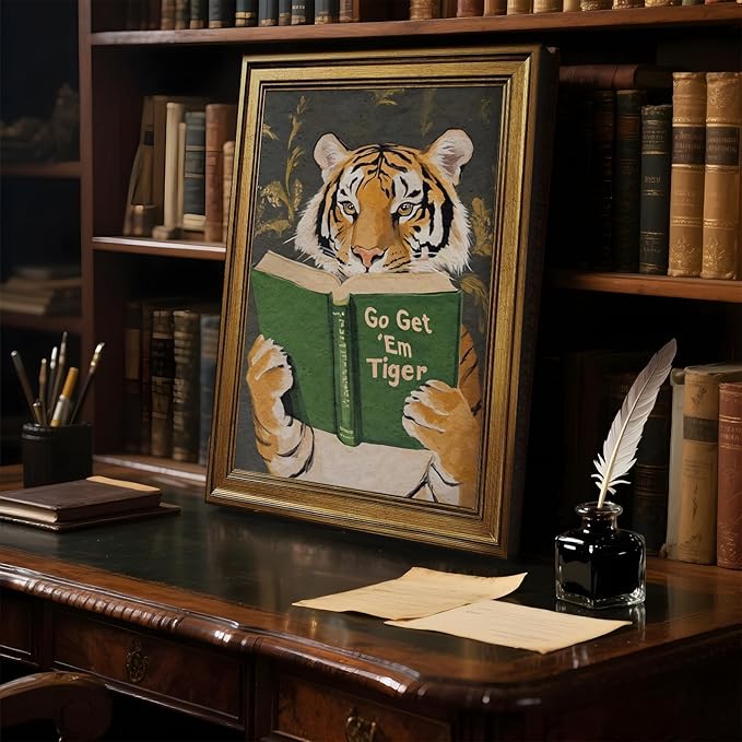 Vintage Gold Framed Wall Art Go Get Em Tiger Poster Funny Animal Reading Book - Image 6