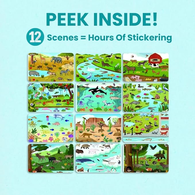 Cupkin Animal Sticker Book Activity for Kids, Toddler Airplane Travel Essentials, 500+ Habitat Stickers for Kids + 12 Scenes + 12 Coloring Book Pages, Animal Lover Gift, Childrens Crafts for Ages 2-8