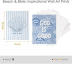9 Pcs Coastal Christian Wall Art Blue Seashell Posters Inspirational Bible - Image 2