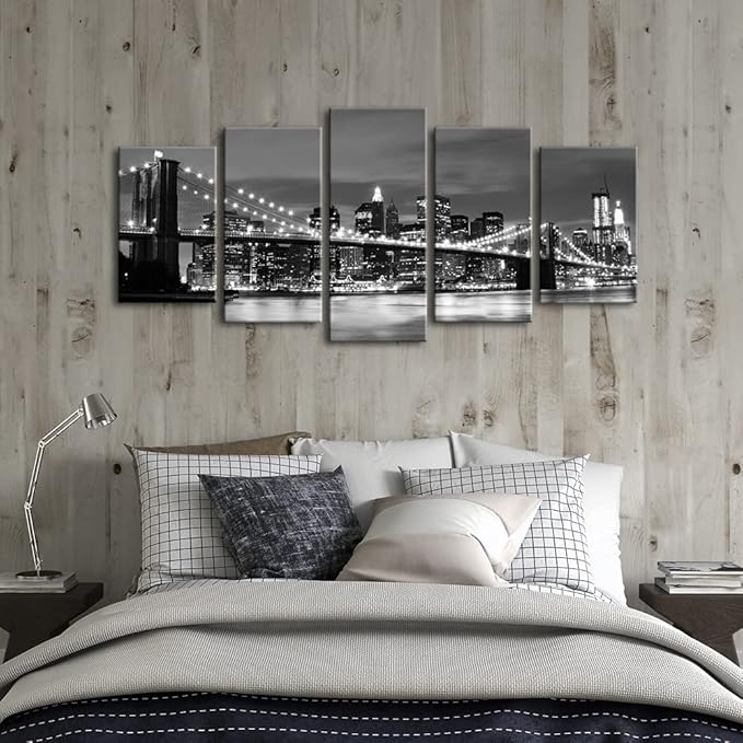 Wieco Art New York Brooklyn Bridge Canvas Wall Art Night View 5 Panels Modern - Image 2