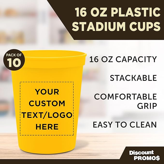DISCOUNT PROMOS Custom Plastic Stadium Cups 16 oz. Set of 10, Personalized Bulk Pack - Perfect for Birthdays, Weddings, Picnic, Beach, Parties - Yellow