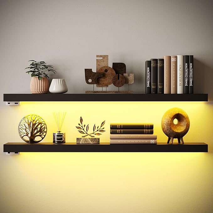 BAMEOS Floating Shelves with LED Light, Wall Mounted Wooden Shelves with by BAMEOS
