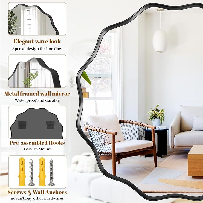 Round Wavy Mirror, 30 Inch Metal Frame Circle Mirror, Round Wall Mounted - Image 4