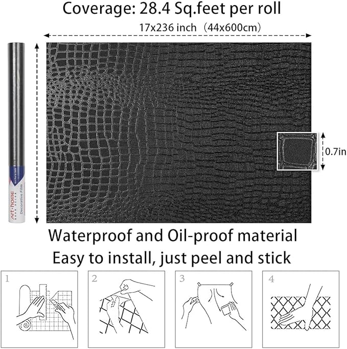 Arthome 17"×240" Black Crocodile Peel and Stick Wallpaper, Charcoal Black - Image 7