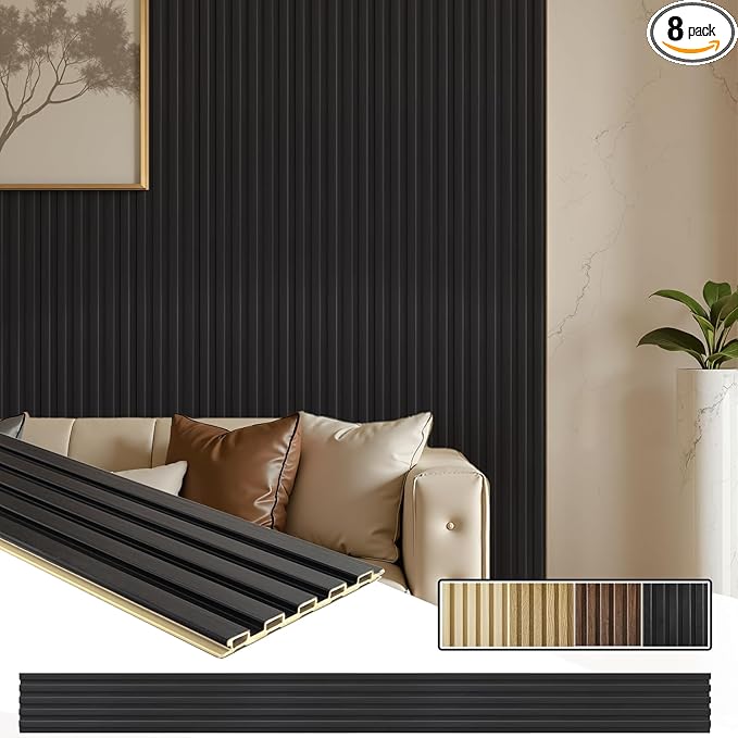 WPC Slat Wall Paneling, TV Background, Living Room, 94.5 x 6 in Matte Black by Unknown