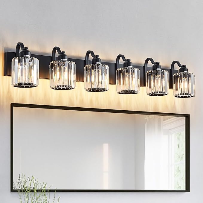 Black Crystal Bathroom Vanity Lights Fixtures 6 Light Over Mirror Modern Matte by AIXIALIN