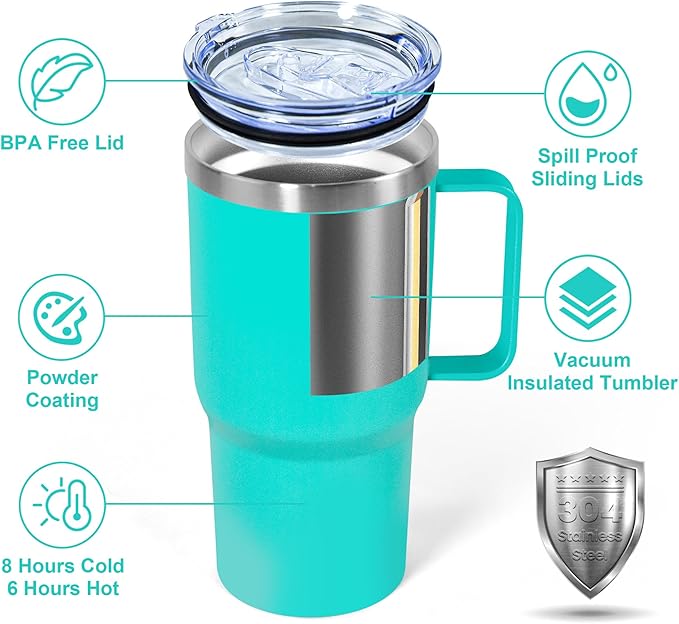 20 oz Tumbler with Handle, insulated cup coffee mug with lid, straw and handle, Double Wall Stainless Steel Vacuum Coffee Tumbler travel mug spill proof, 1pcs Light Green