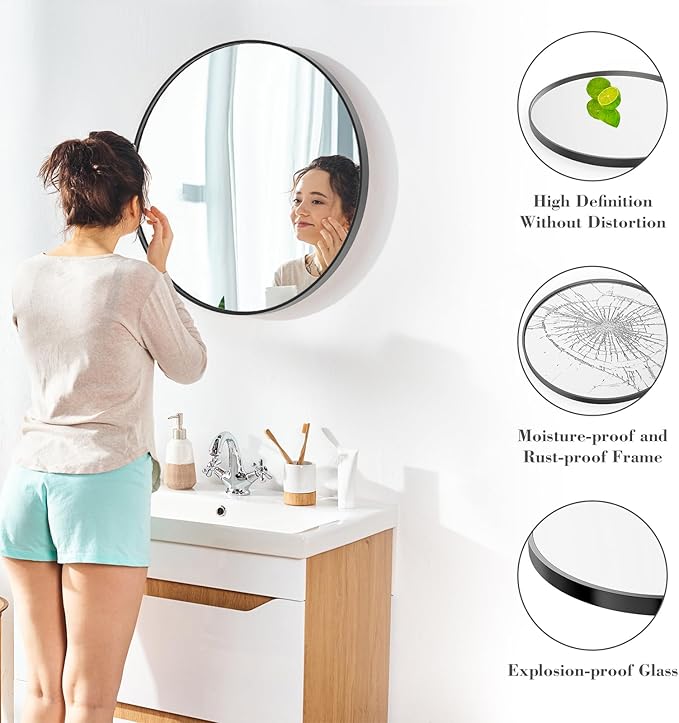 Sweetcrispy 20-inch Black Round Wall Mirror, Circle Bathroom Mirrors - Image 4