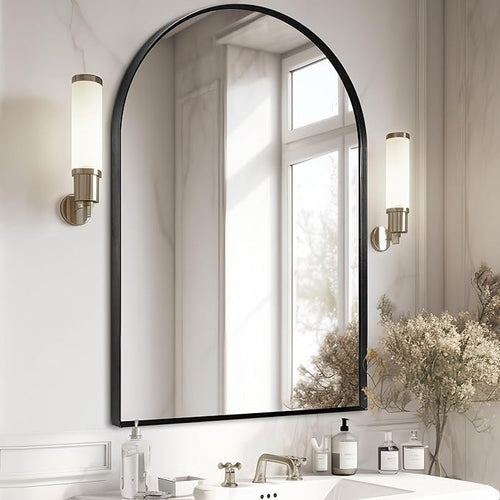 30" x 48" Black Arched Mirror, Arch Wall Mirror, Metal Frame Black Bathroom by Minuover