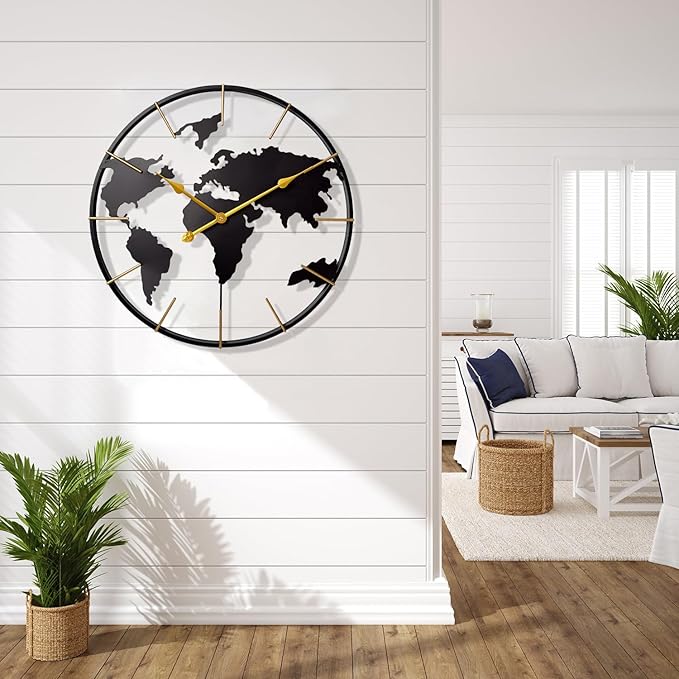 Large World Map Wall Clock, Metal Minimalist Modern Clock, Round Silent - Image 6