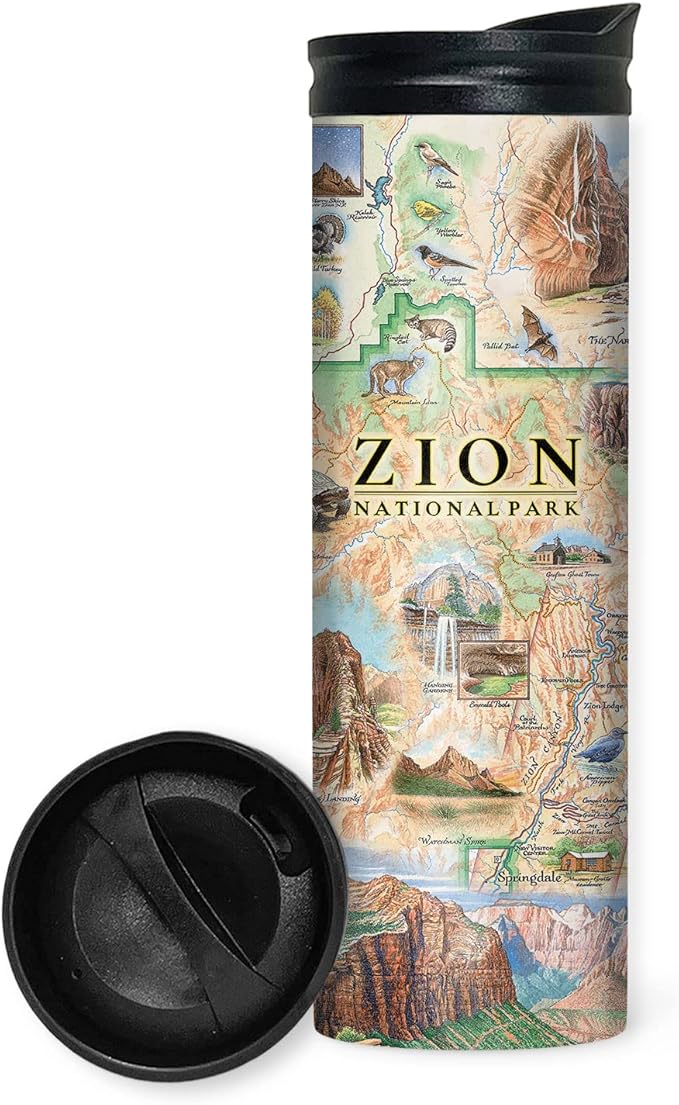 Xplorer Maps Zion National Park Map 16 Oz Travel Drinkware with Spill-Resistant Lid - Stainless Steel Vacuum Insulated Coffee Tumbler