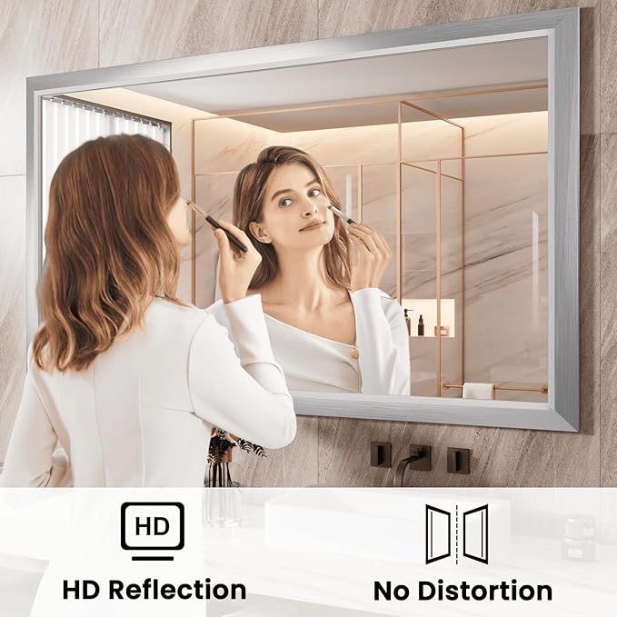 Amorho Bathroom Mirror, 55x32 Inch Silver Thick Metal Framed Wall Mirrors - Image 2