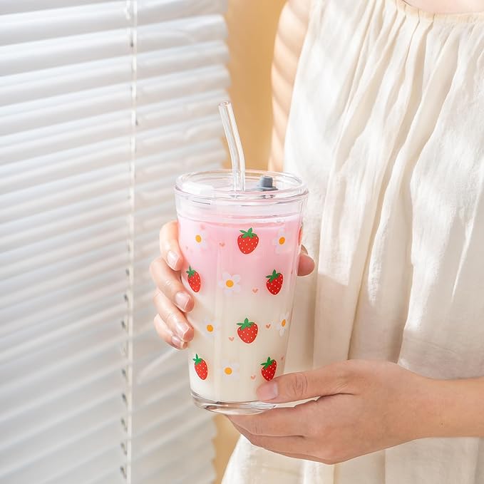 15oz Glass Tumbler with Glass Straw and Lid, Cute Iced Coffee Cups, Aesthetic Glass Cups, Coffee Tumbler, Water Cup, Matcha Cup, Drinking Glasses (Strawberry)