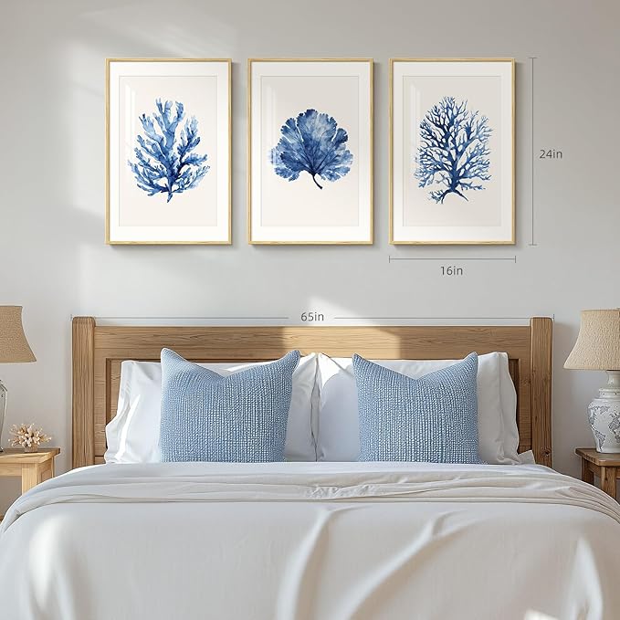 Framed Coastal Coral Wall Art for Living Room, Large Navy Blue Watercolor Coral - Image 3