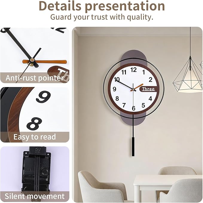 Dankeit Modern Wall Clock with Oak Wood Dial and Silent Movement, 12.6x22.8 - Image 3