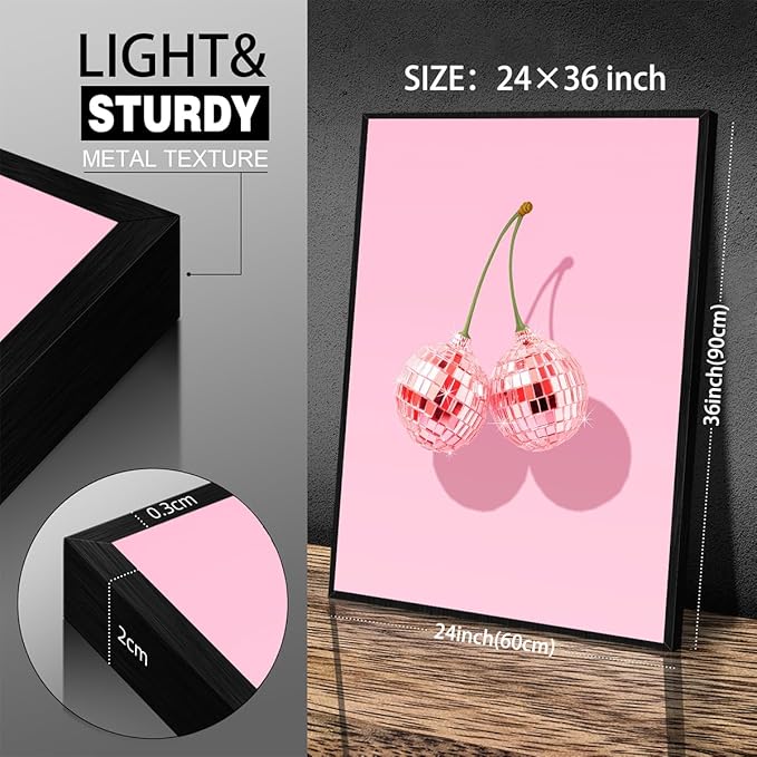 Funky Pink Cherry Poster Retro Disco Ball Canvas Wall Art 24X36 inch Black - Image 2