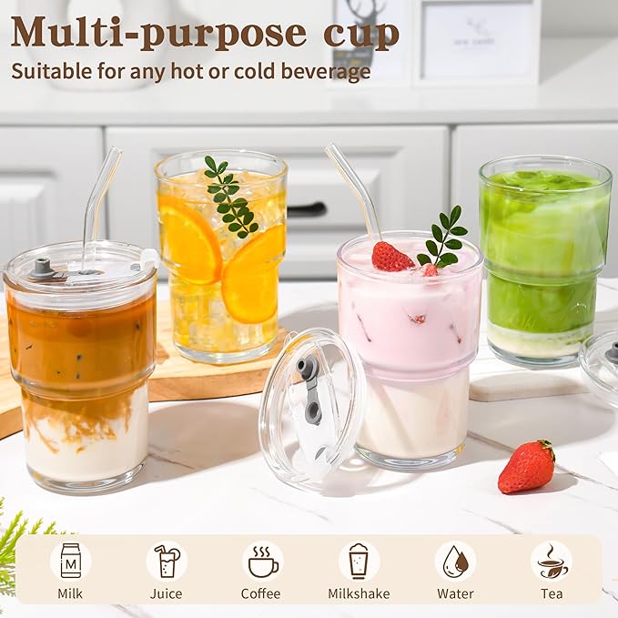 15oz Iced Coffee Cups with Lids Reusable,4Pcs Glass Matcha Cups,Glass Cups with Lids and Straws,Clear Glass Coffee Tumbler for Drinking Water,Tea,Juice
