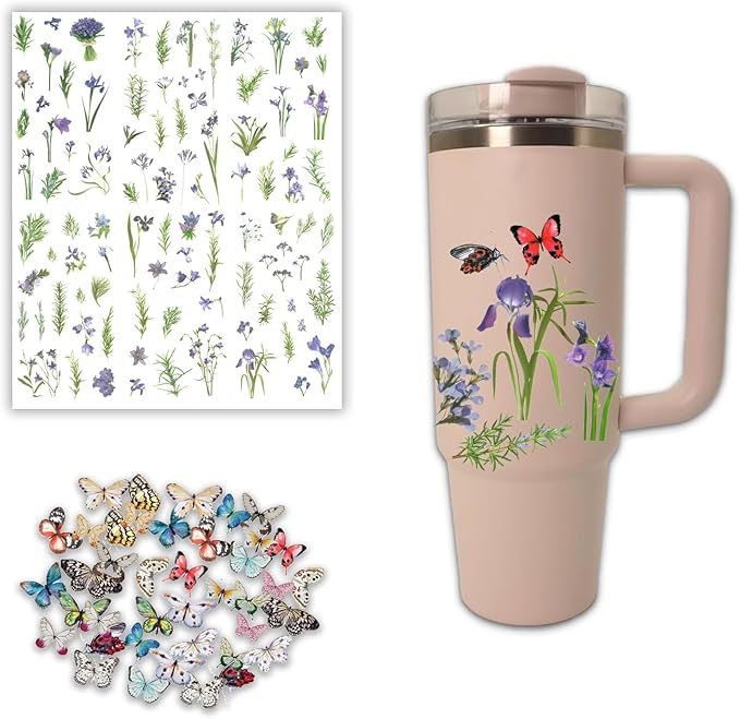 6 Sheets Natural Transparent Flower Stickers and 40 Pcs Realistic Butterfly Stickers for Stanley Cup Decoration,Cute Waterproof Flower Butterfly Decal Stickers for Tumbler DIY Iris