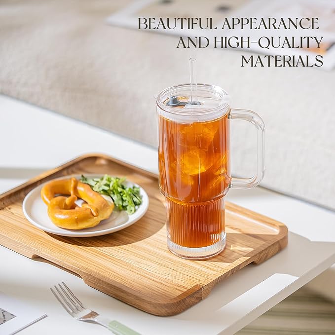 KEMORELA 26oz Ribbed Glass Mug with Handle and Lid – Large Clear Tumbler for Iced Coffee, Tea, Smoothies & Hot Drinks, Reusable Glass Cup with Straw, Dishwasher Safe, Travel Friendly