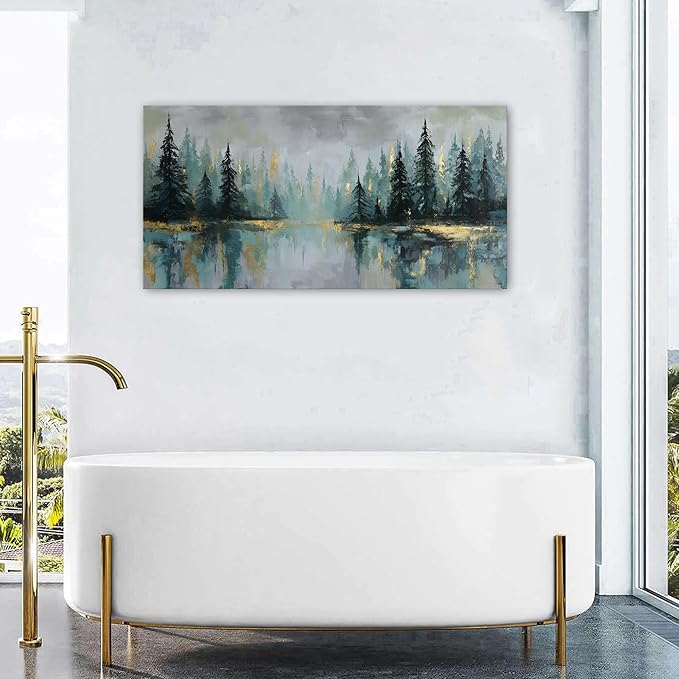 Green Forest Wall Art Vintage Fog Pine Trees Landscape Wall Decor Nature Green - Image 5