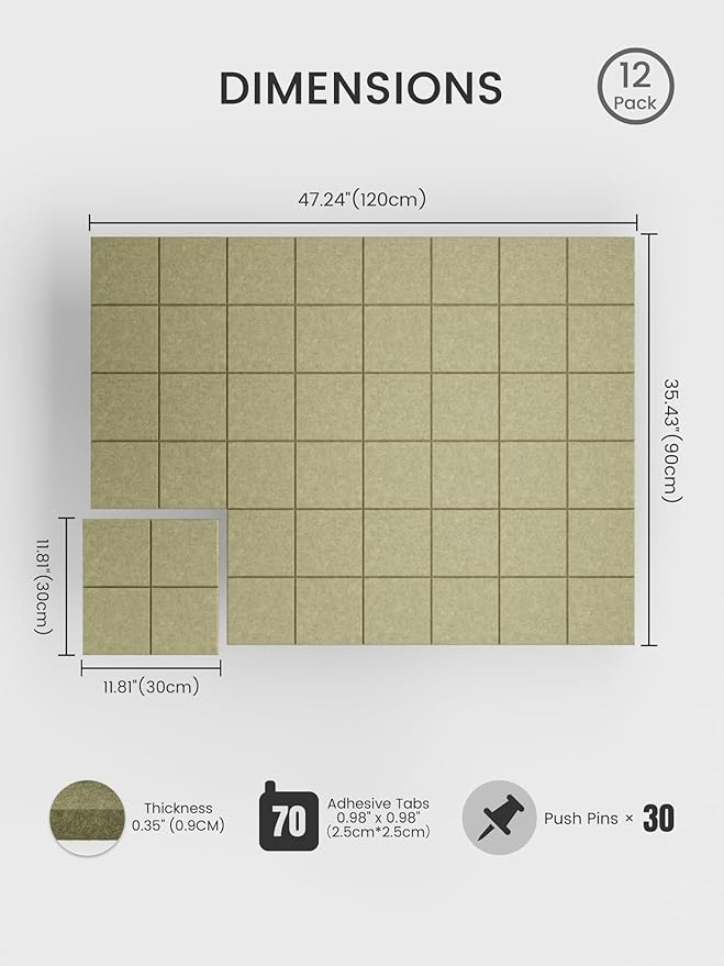 Bumusty Large Felt Bulletin Board, 30 Push Pins, 70 Adhesive Tabs, Olive Green - Image 2