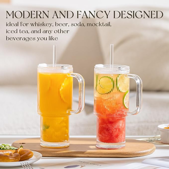 KEMORELA Large 26oz Clear Glass Mug with Handle and Sliding Lid – Aesthetic Ribbed Tumbler for Iced Coffee, Smoothies & Hot Drinks – Reusable Travel Cup with Straw, Dishwasher Safe (Ribbed Tumbler)