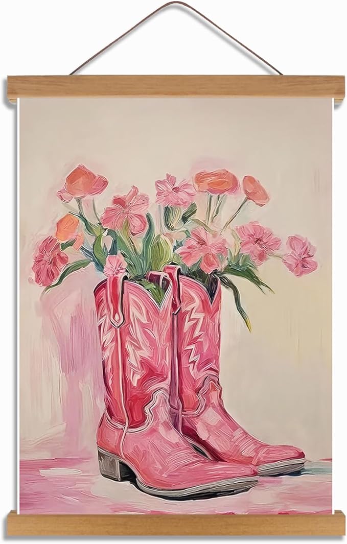 Pink Floral Cowboy Boots Wall Art, Vintage Cowboy Boots Canvas Wall Decor by Unknown