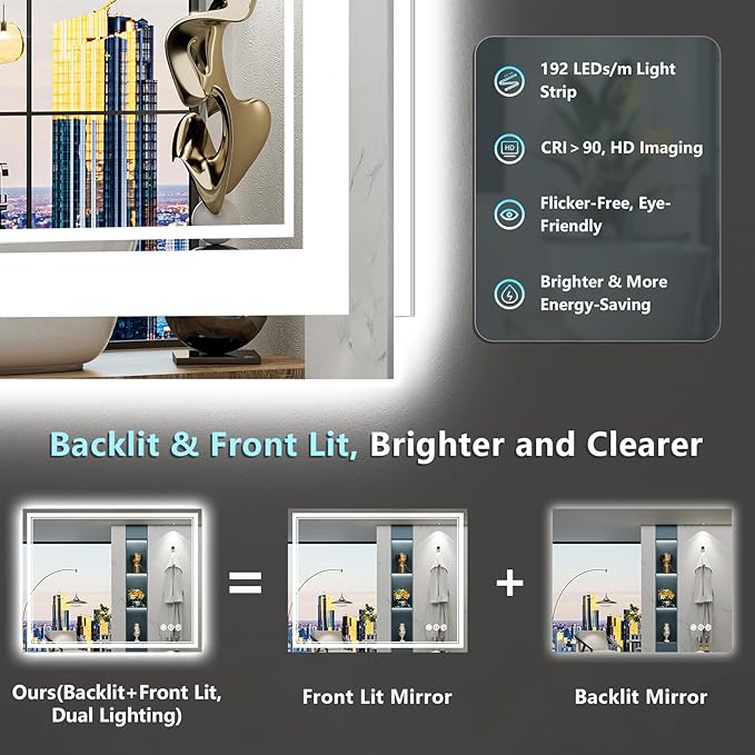 38x38 LED Bathroom Mirror with Lights, Backlit and Front Lit Anti-Fog Lighted - Image 3