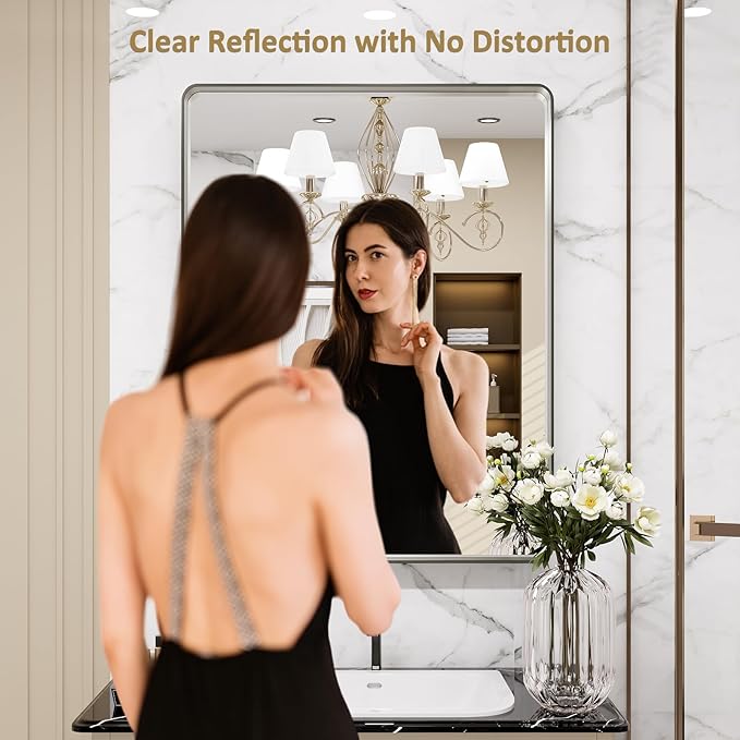 LOAAO 32X36 Inch Brushed Nickel Bathroom Mirror, Rounded Rectangle Silver Metal - Image 2