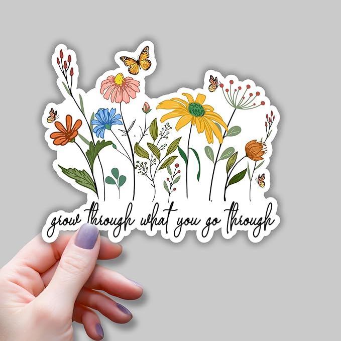 (3 pcs) Grow Through What You Go Through Motivational Sticker Floral for Tumbler, Funny Sarcastic Phrase Inspirational Quote Vinyl Decal for Kindle Laptop Water Bottle Phone Hard Hat - 3x2.6