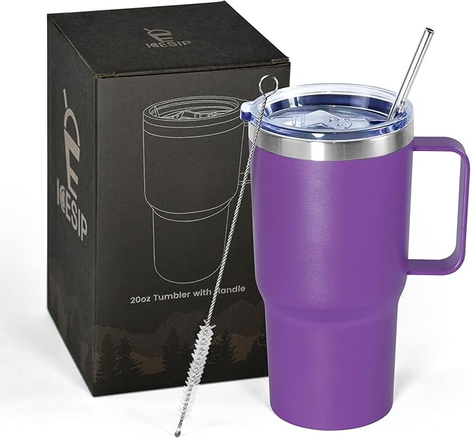 20 oz Tumbler with Handle, insulated cup coffee mug with lid, straw and handle, Double Wall Stainless Steel Vacuum Coffee Tumbler travel mug spill proof, 1pcs Purple