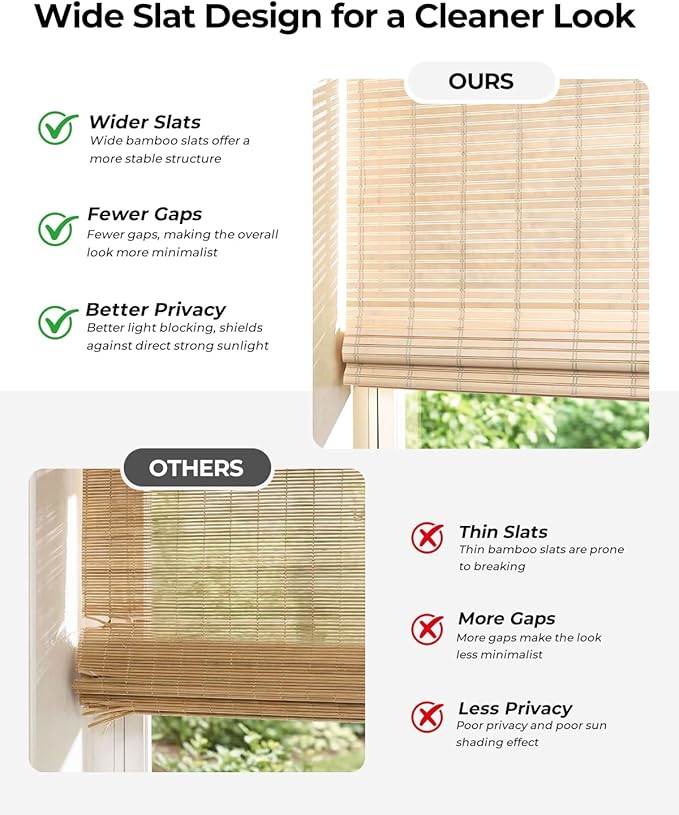 UNISHADES No Drill Cordless Bamboo Roman Shades, Light Filtering Woven Natural - Image 3