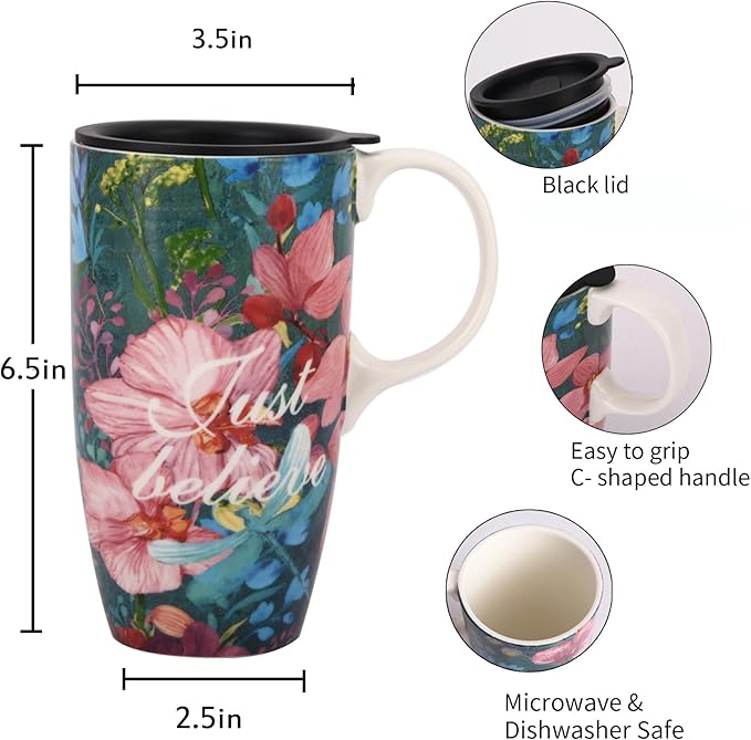 Topadorn Ceramic Coffee Cup 17 Oz Tall Ceramic Mug with Lid and Color Box, Perfect for Coffee and Tea, Just Believe