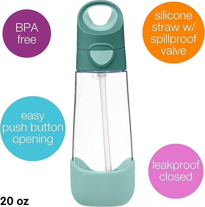 b.box 20oz Tritan Kids Water Bottle –Toddler Drink Bottle with Straw for School, Daycare, Travel w/Easy-Grip Triangular Design, Leak Proof Lid & Handle, BPA Free, Dishwasher Safe (Emerald Forest)