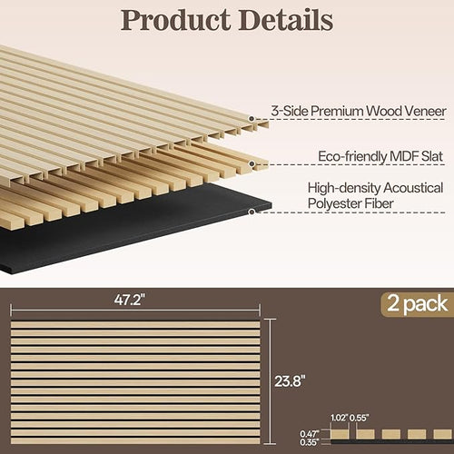 2 Pack Wood Panels for Wall, 47.24" x 23.81" Acoustic Wood Slat Wall Panel for - Image 2