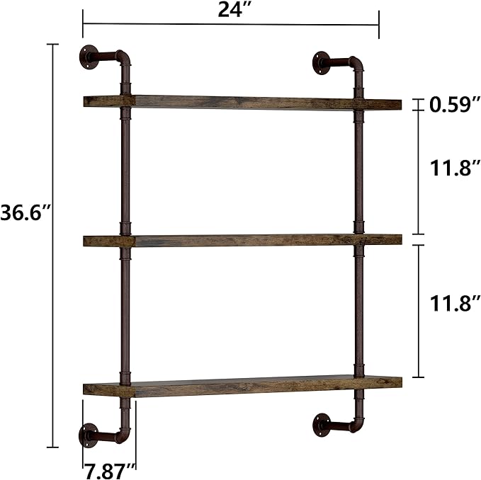 Helsin 3 Tier Industrial Pipe Shelf Rustic Wood Floating Shelves, Wall Display - Image 3
