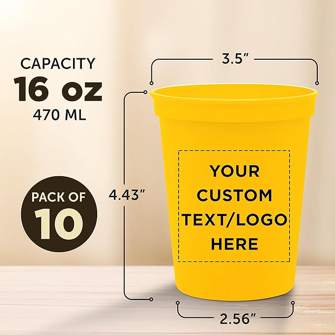 DISCOUNT PROMOS Custom Plastic Stadium Cups 16 oz. Set of 10, Personalized Bulk Pack - Perfect for Birthdays, Weddings, Picnic, Beach, Parties - Yellow