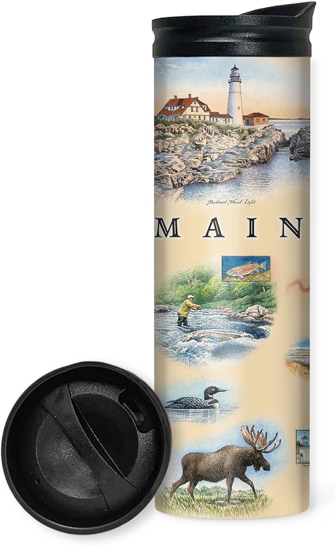 Xplorer Maps Maine Map 16 Oz Travel Drinkware with Spill-Resistant Lid - Stainless Steel Vacuum Insulated Coffee Tumbler