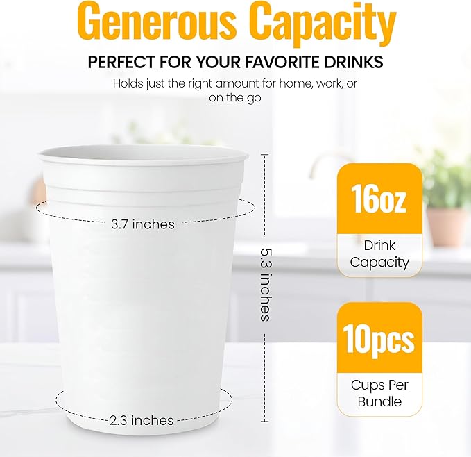 Customizable 16oz white Stadium 10 Cups - Personalized Plastic Party Cups - Reusable White Plastic Cups for Parties, Trick or Treat Drinks, Fall Events & Themed Decorations