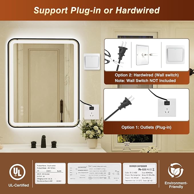 28x40 Inch Black Framed LED Bathroom Mirror - Image 9