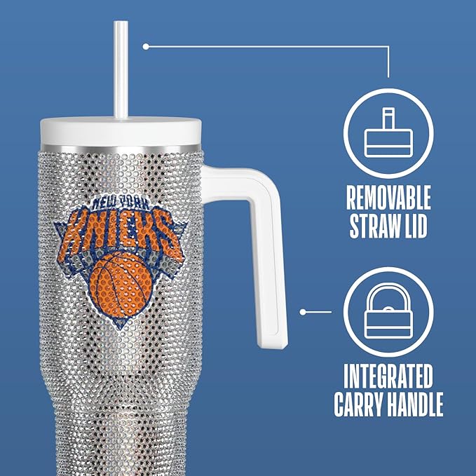Hydrapeak x NBA Officially Licensed New York Knicks Voyager 40 oz Stainless Steel Bling Tumbler with Handle, Insulated Rhinestone Water Bottle With Straw & Lid, Includes Gift Box