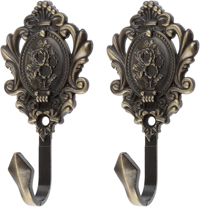 2Pcs Curtain Tiebacks Hook Vintage Bronze Rose Pattern Carved Wall Hooks Key - Image 3