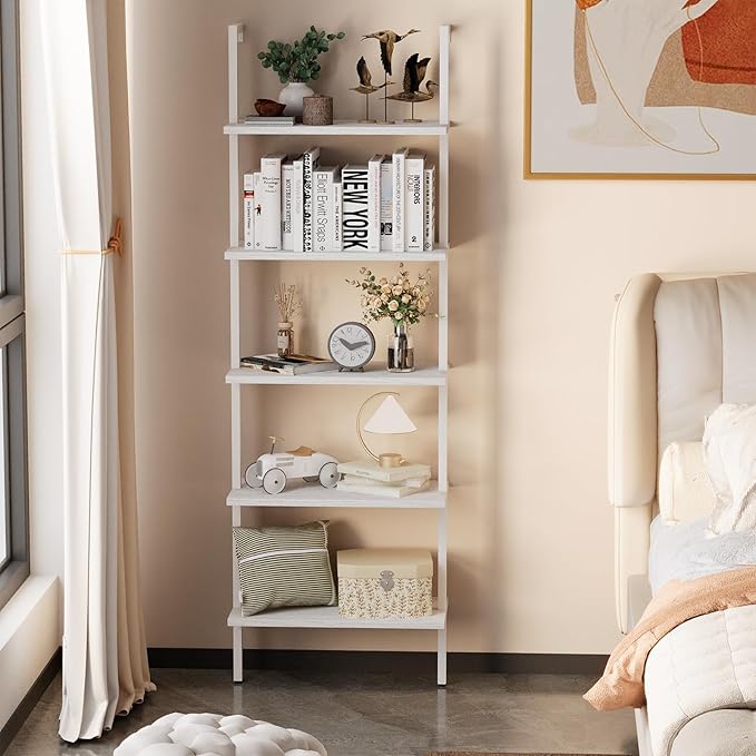 aboxoo Ladder Shelf 2 PCS White Bookshelf 5-Tier Wooden Open Shelf Wall-Mounted - Image 4