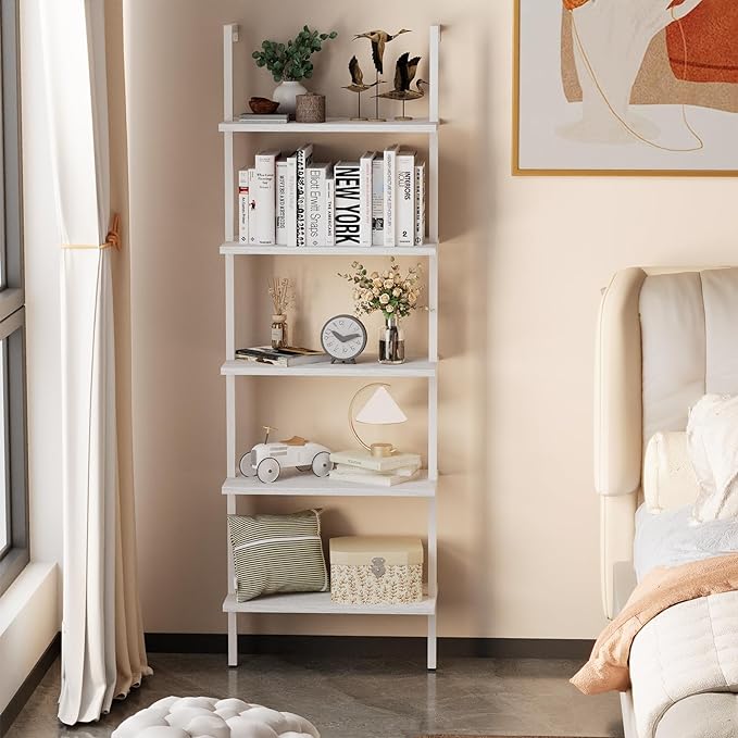 aboxoo Ladder Shelf White Wooden Bookshelf 5-Tier Wall-Mounted Open Wood Rack - Image 2