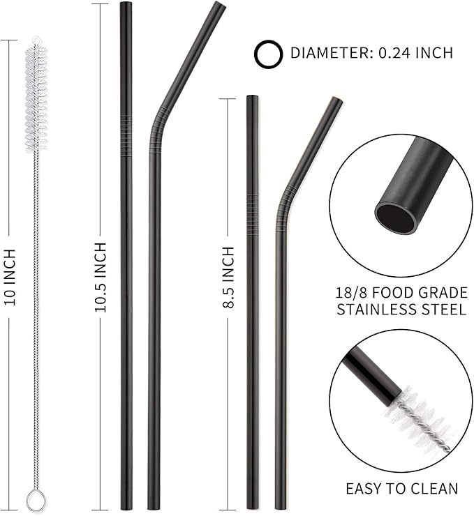 Hiware 12-Pack Black Stainless Steel Straws Reusable with Case - Metal Drinking Straws for 30oz and 20oz Tumblers Dishwasher Safe, 2 Cleaning Brushes Included
