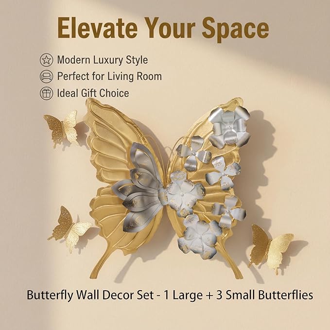 XWYLFDC Large Sized 3D Metal Wall Art Featuring Golden Butterfly - Image 4
